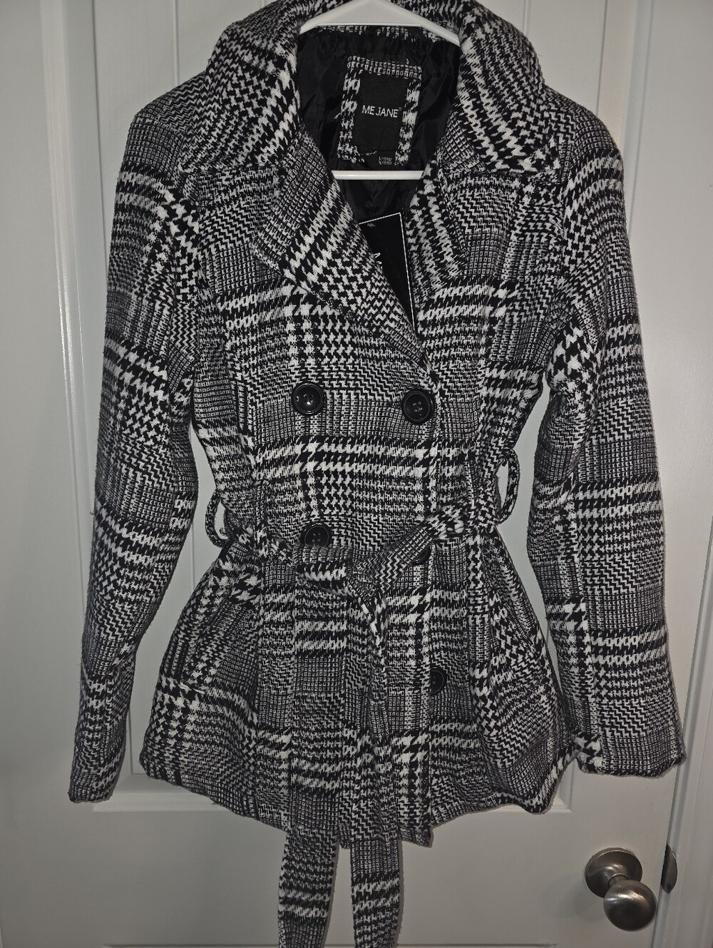 Me Jane Black & White Plaid Double-Breasted Belted Pea Coat NWT S